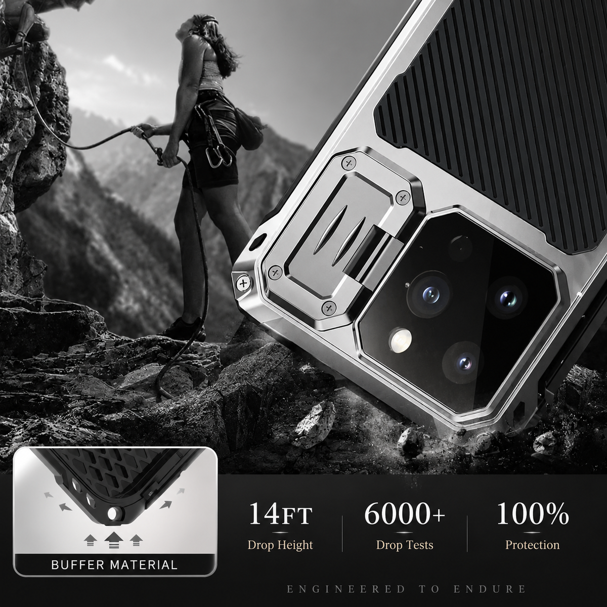 A silver-colored rugged case is illustrated striking rough rock beside a climber. Text labels a fourteen-foot drop height, over 6,000 drop tests and cushioning material.