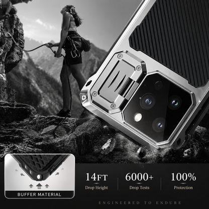 A silver-colored rugged case is illustrated striking rough rock beside a climber. Text labels a fourteen-foot drop height, over 6,000 drop tests and cushioning material.