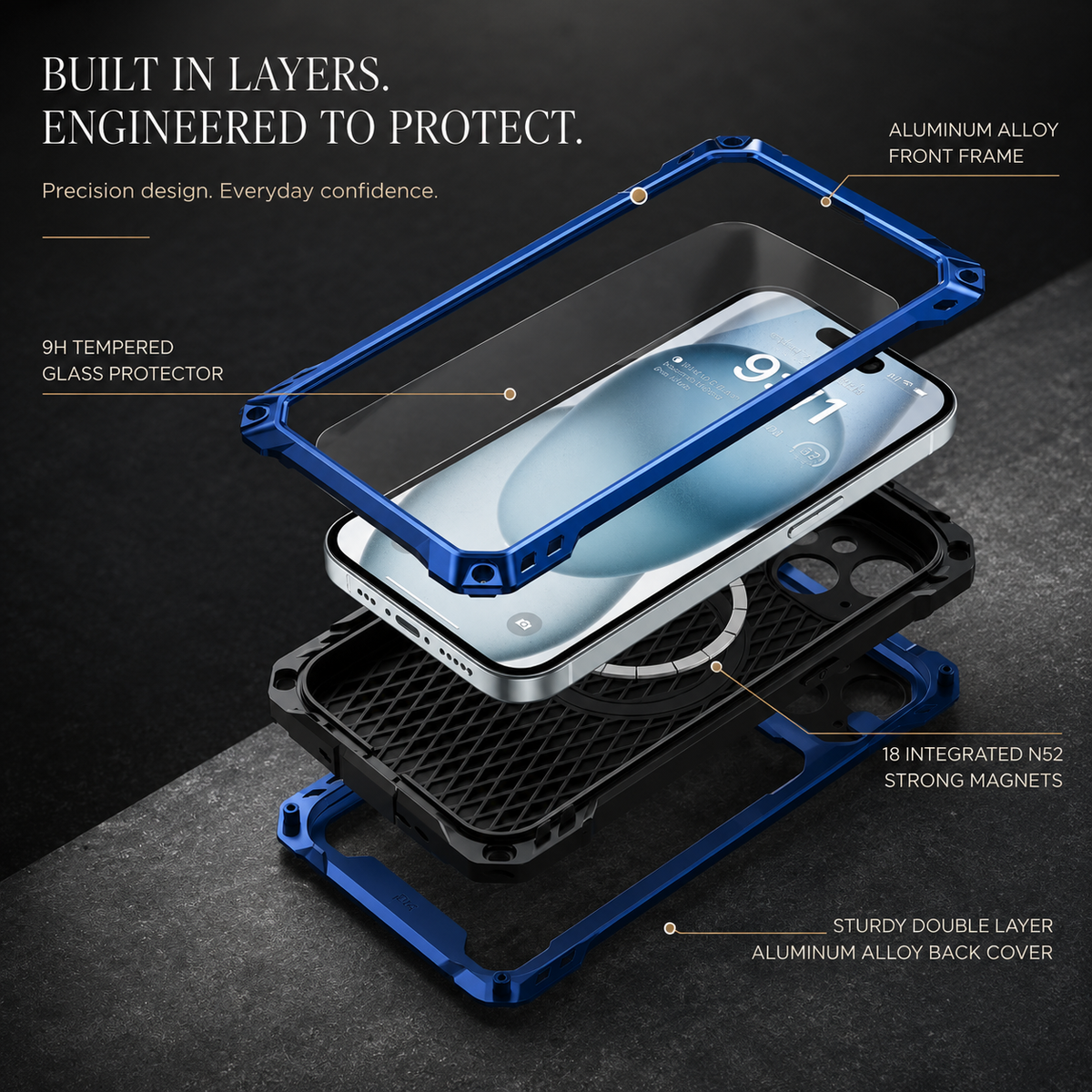 An exploded diagram separates the blue front frame, glass protector, phone, magnetic rings, cushion and rear shell, showing the case's layered construction.