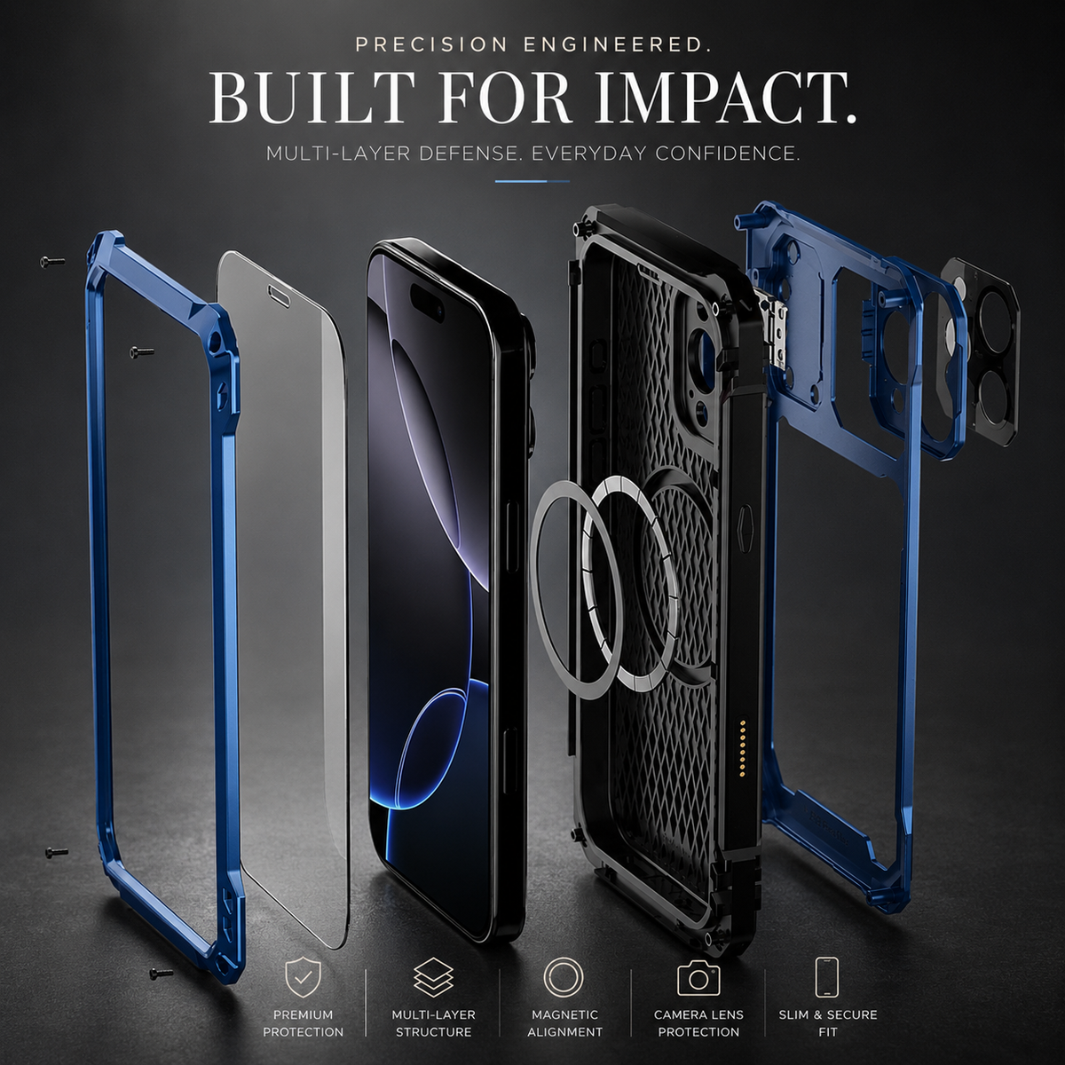 A side-on exploded illustration separates blue case frames, protective panels, phone, circular magnets and internal cushioning. Text advertises multilayer impact protection.