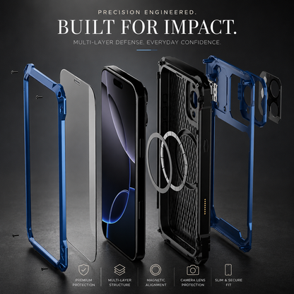 A side-on exploded illustration separates blue case frames, protective panels, phone, circular magnets and internal cushioning. Text advertises multilayer impact protection.