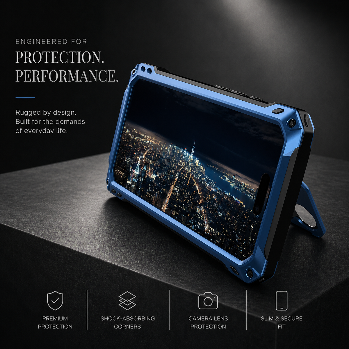 A blue rugged case props a phone horizontally on its hinged stand, displaying a city at night. Text advertises protection and camera coverage.