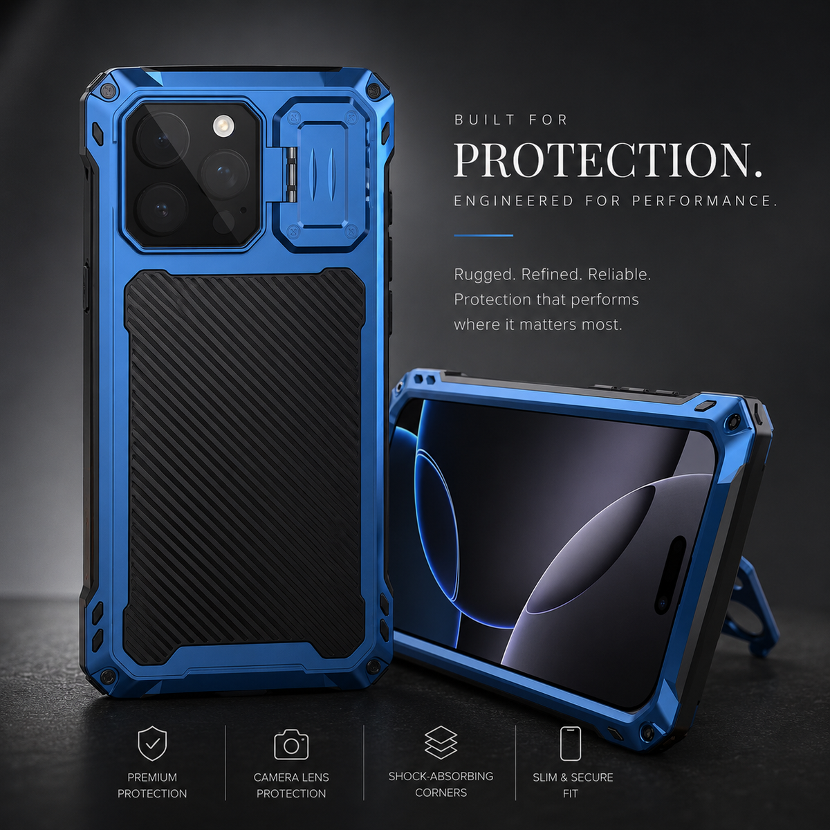 Rear and horizontal front views of a blue rugged case stand on a dark surface, with the camera cover extended as a support.