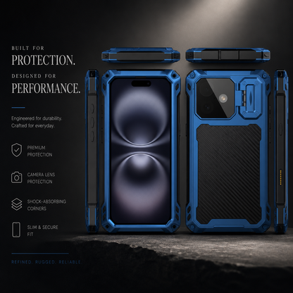A diagram shows front, rear, side, top and bottom views of a blue rugged case beside text advertising protection, camera coverage and shock-absorbing corners.