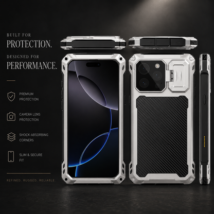 A diagram shows front, rear, side, top and bottom views of a silver-colored rugged case beside text advertising protection and a secure fit.