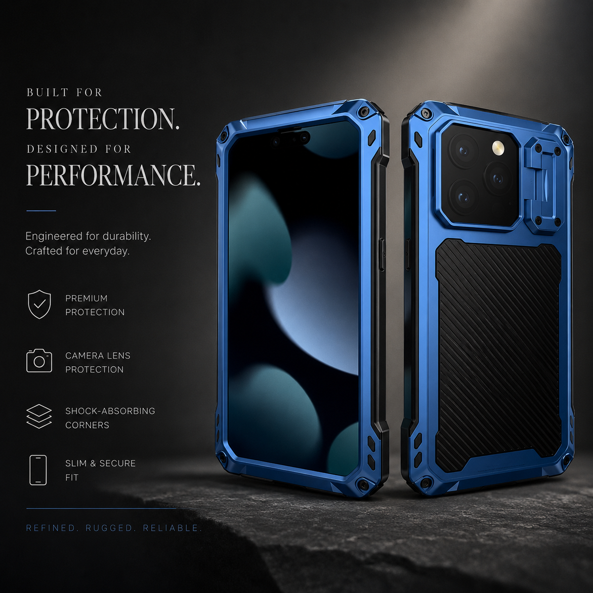 Front and rear views of a blue rugged case stand together on dark stone, showing angular screw-fastened corners, a ribbed back and hinged camera cover.