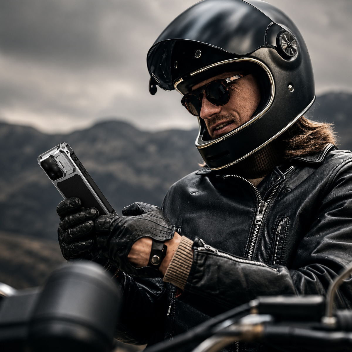 A helmeted motorcyclist in a black leather jacket and gloves looks at a silver-colored rugged phone case outdoors.