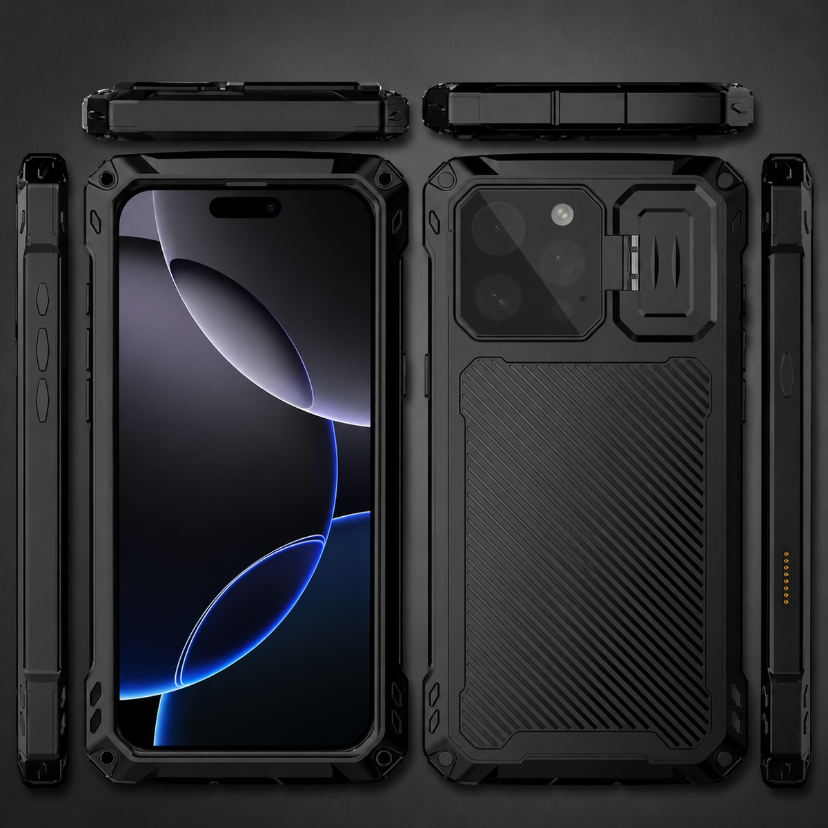 A diagram shows front, rear, side, top and bottom views of a rugged black case, highlighting its screw-fastened frame, ribbed rear panel and hinged camera cover.