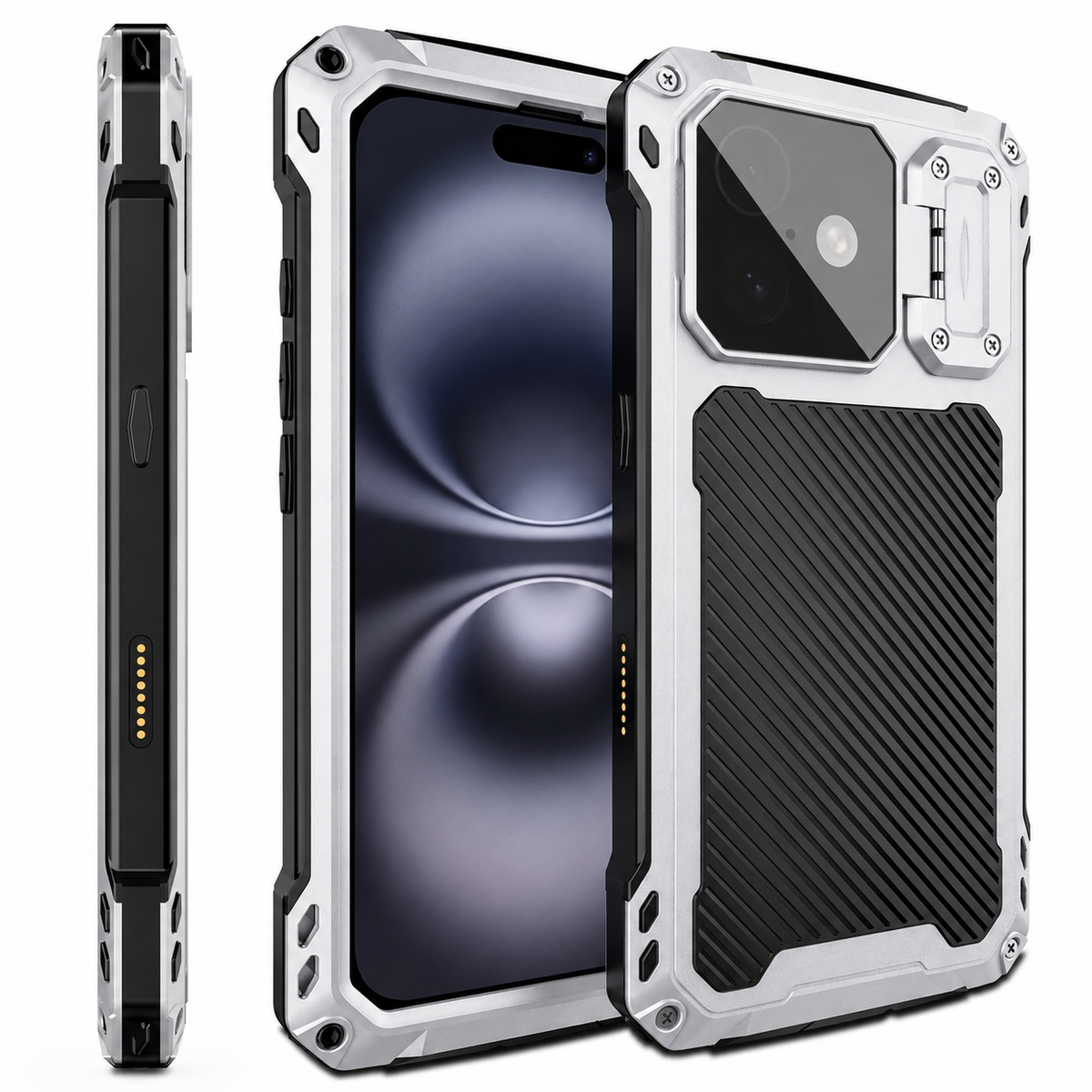 Front, rear and side views of a rugged silver-and-black case stand on white, showing screw heads, angular corners, a ribbed rear panel and camera-cover stand.