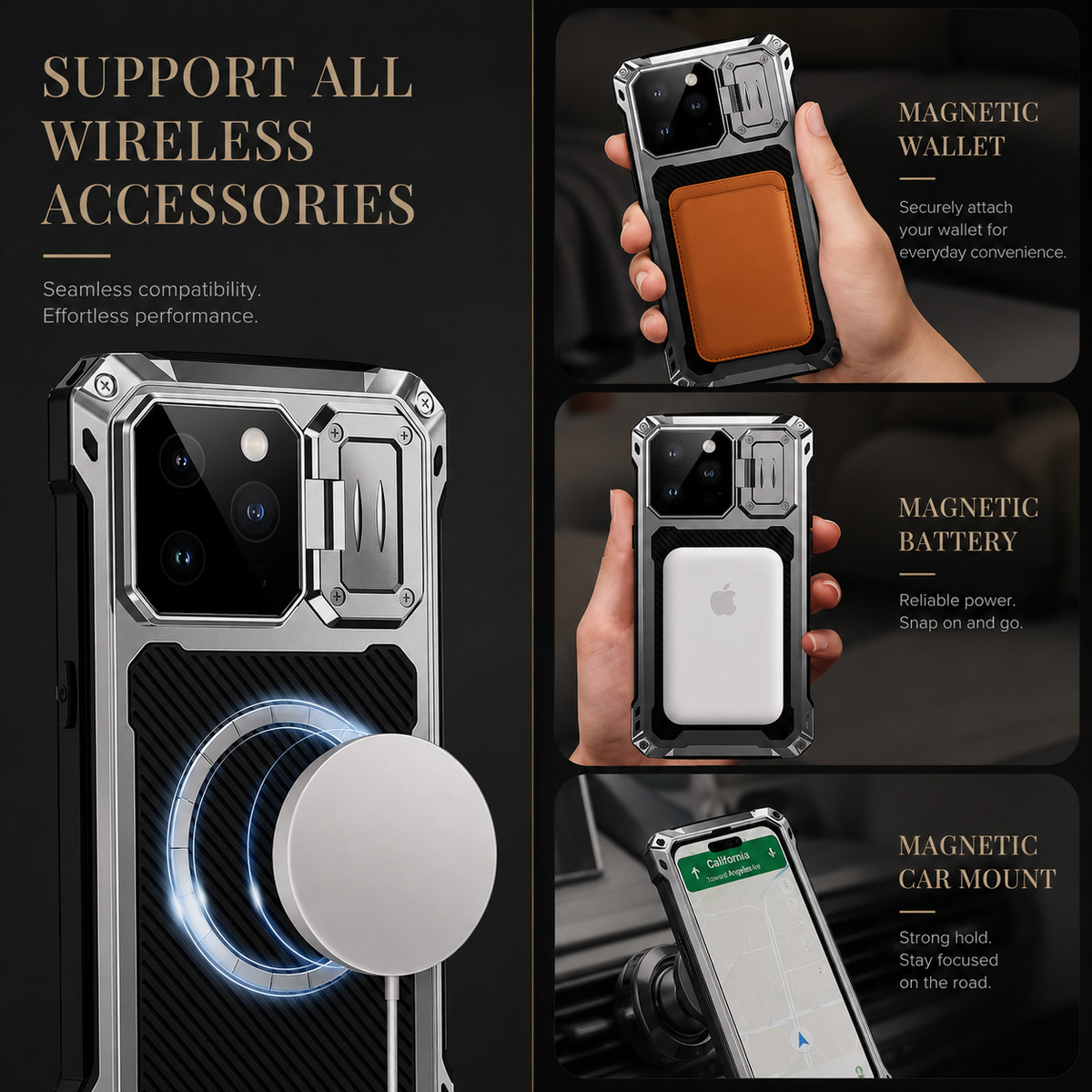 A silver-colored rugged case attaches to a charging puck beside insets showing magnetic wallet, battery pack and car-mount use. Text advertises wireless accessory compatibility.