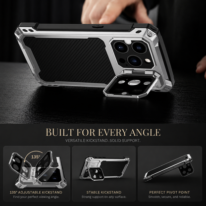 A hand steadies a silver-colored rugged case propped horizontally on its hinged camera-cover stand. Insets show adjustable angles, stable support and a pivot detail.