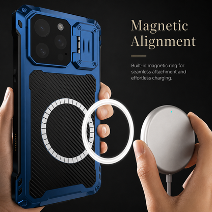 Hands hold a blue rugged case beside a charging puck, with circular magnetic rings illustrated between them. Text advertises magnetic alignment and charging.