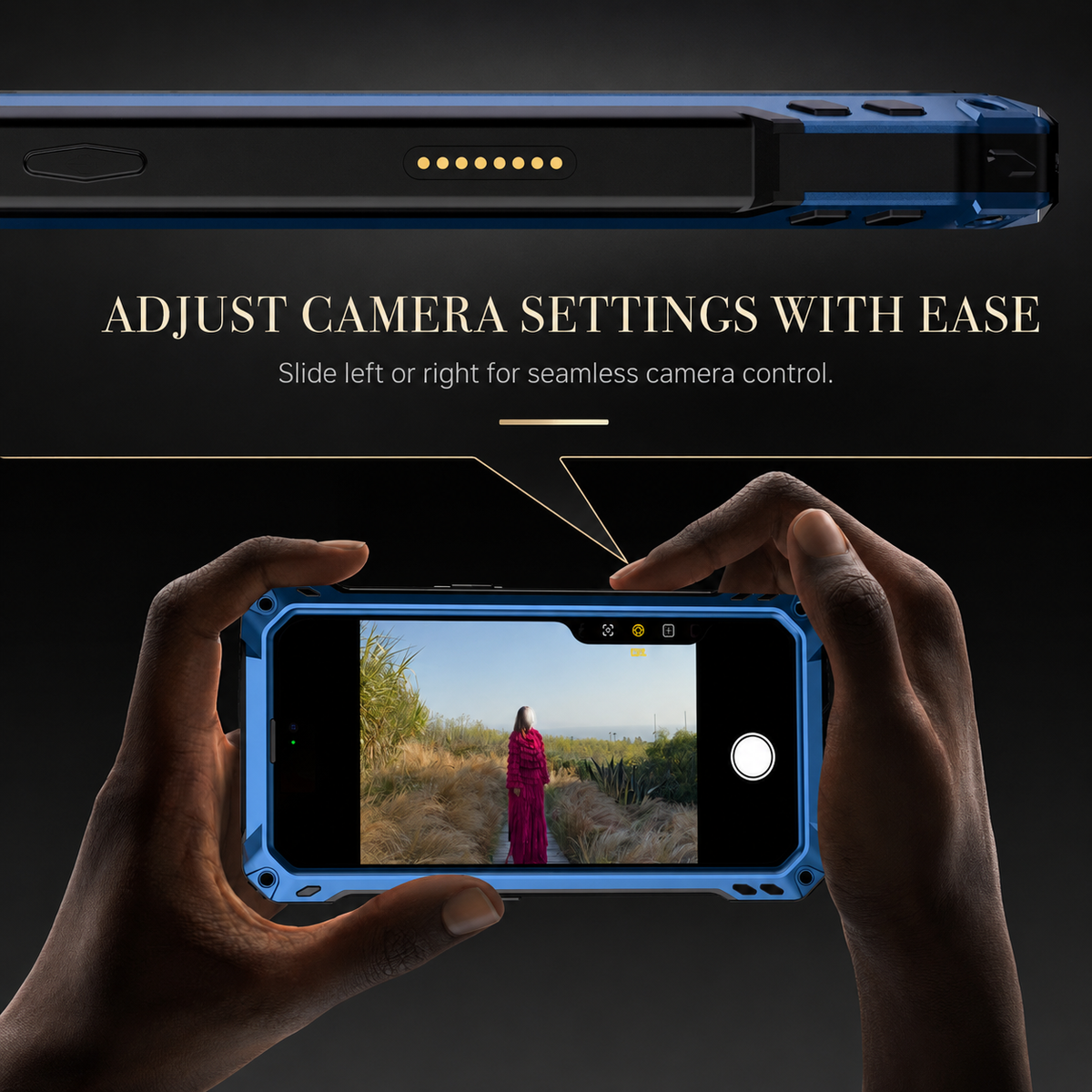 An edge close-up highlights contacts for the blue case's camera-control button above hands using the phone horizontally to take a photo.