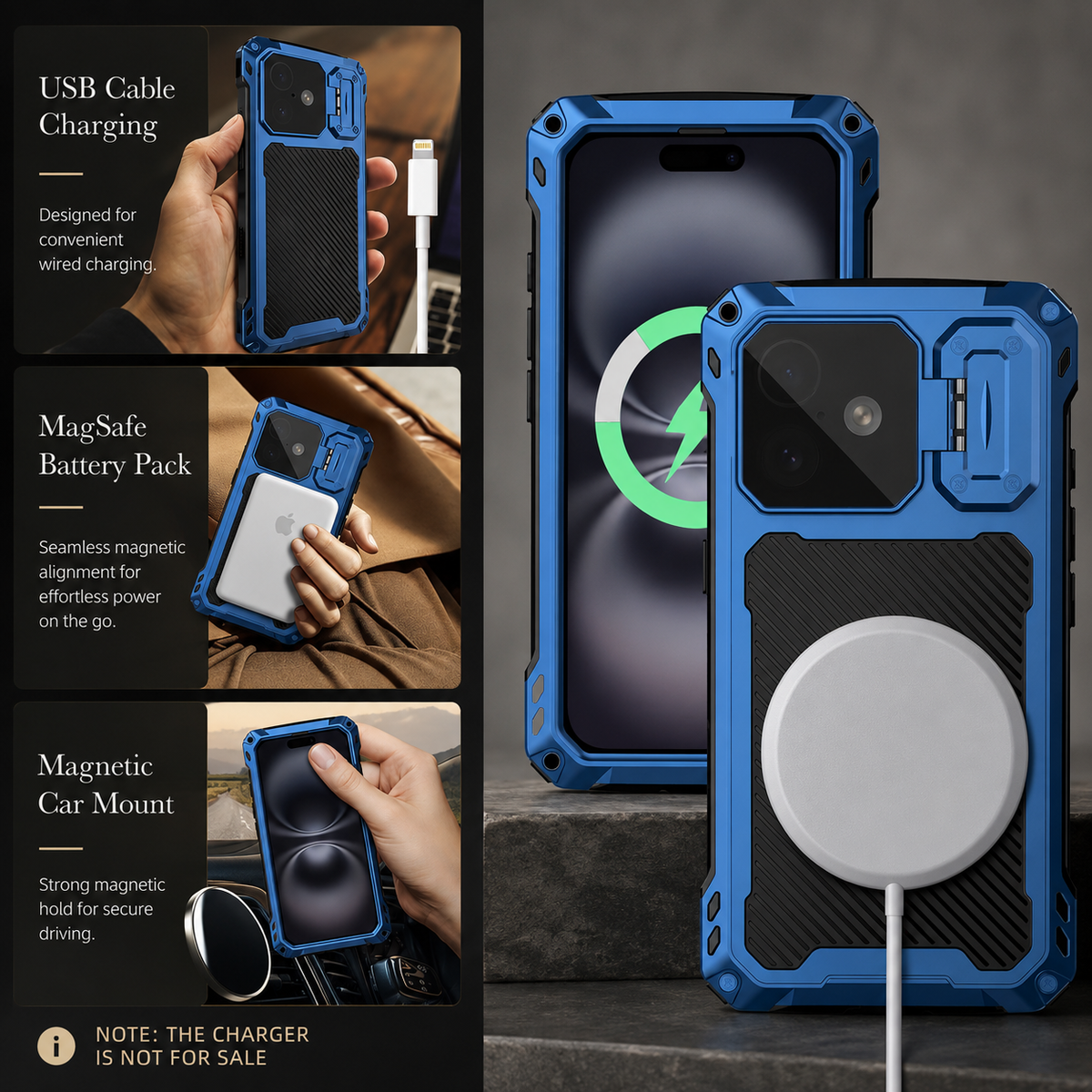 A collage shows a blue rugged case charging by cable, with a magnetic battery pack and near a car mount. Front and rear views show charging symbols and a puck.