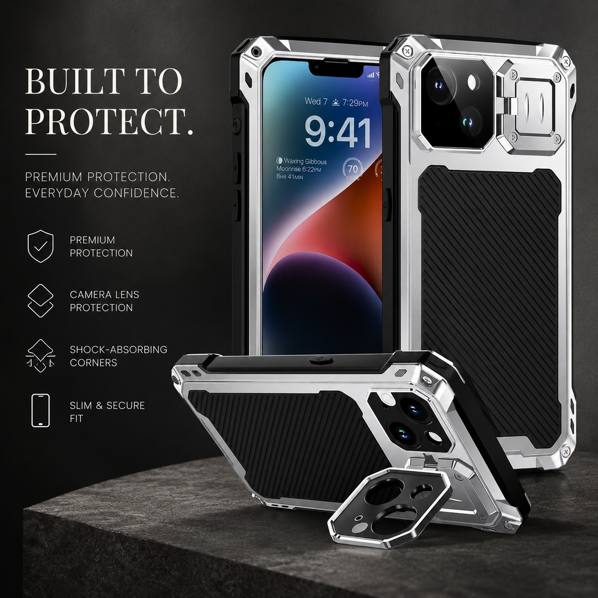 Front, rear and horizontal stand views of a silver-colored rugged case rest on dark stone. Text advertises protection, camera coverage, shock-absorbing corners and a secure fit.