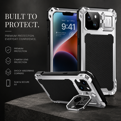 Front, rear and horizontal stand views of a silver-colored rugged case rest on dark stone. Text advertises protection, camera coverage, shock-absorbing corners and a secure fit.