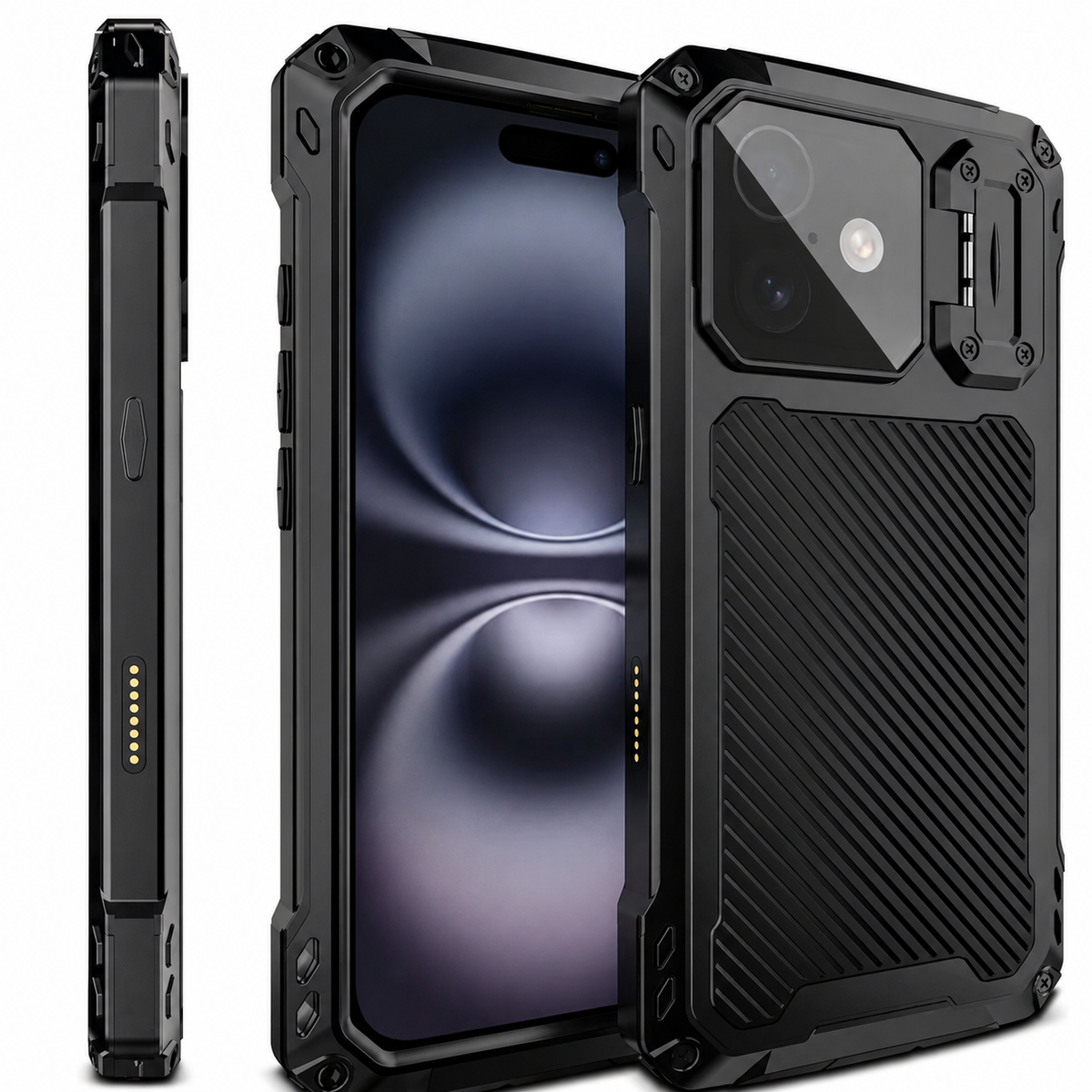 Front, rear and side views of a rugged black case stand on white. Screw heads frame the angular corners, with a ribbed rear panel and hinged camera-cover stand.