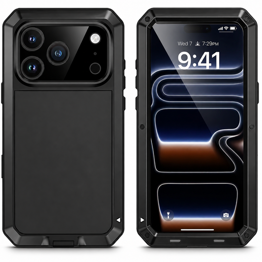 Front and rear views show a thick black rugged case with beveled corners and small visible screw heads. A raised frame surrounds the broad rear camera panel.