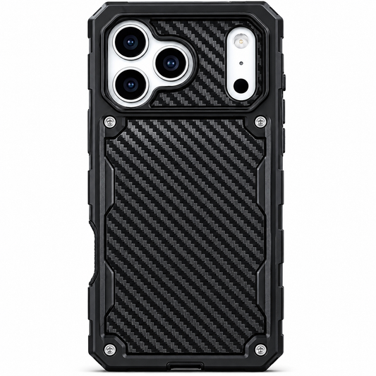 A black rugged case stands upright on white. Thick angular bumpers surround diagonal-weave panels on the back and camera area, with four silver screw-like details below the cameras. Separate raised openings reveal three lenses and a narrow flash panel.