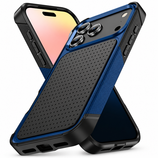 Front and rear views show a blue-and-black rugged phone case at opposing angles, with reinforced black corners and a large dotted rectangular rear panel.