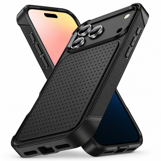 Front and rear views show a thick black phone case at opposing angles against white. A large dotted rectangular panel covers most of the back beneath a broad camera opening.