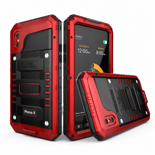 Front, rear and horizontal views show a red-and-black heavy-duty case with exposed fasteners and thick corner guards.