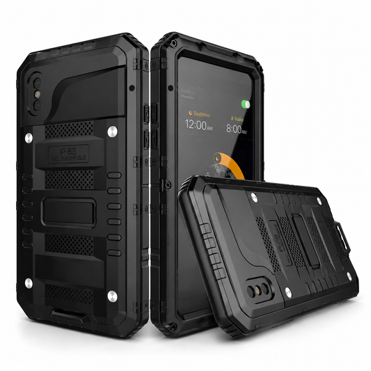 Front, rear and horizontal views show a heavy black case with thick angular corners, exposed silver screws and a ridged rectangular rear panel.