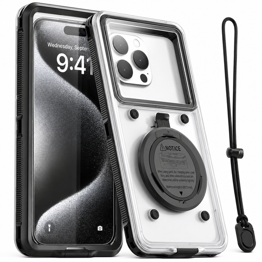 Front and rear views of a clear phone enclosure with thick black edges, a broad camera window and a round rear fitting, beside a black wrist strap.