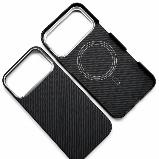 Two black woven phone cases stand side by side on white, showing the outer back and interior with circular magnetic markings. Wide rectangular camera openings have silver-colored borders.