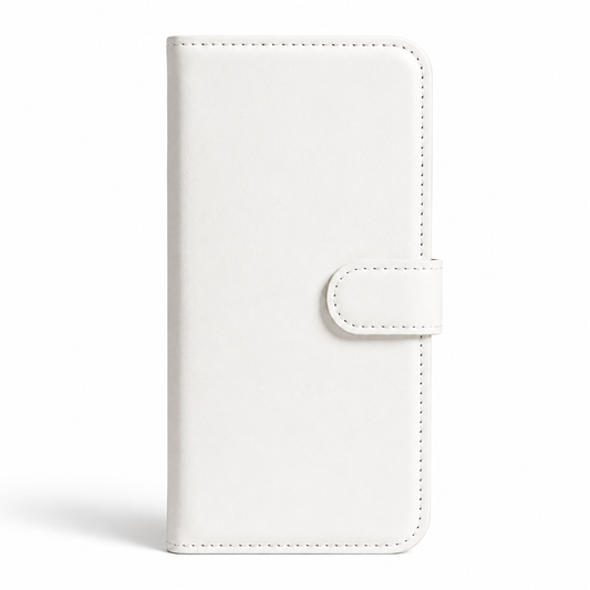 Closed white leather-look folio phone case standing upright against white. Matching stitching follows the rounded edges, and a small tab folds across the front to hold it closed.