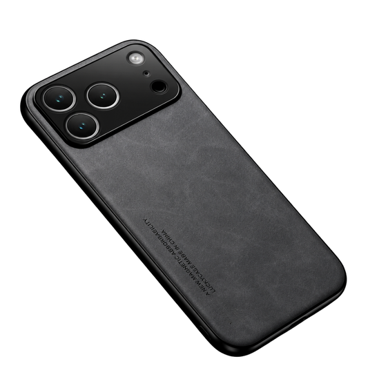 A dark gray mottled leather-look phone case lies diagonally against white, with a broad black camera panel, slim black edges and small lettering near the lower back.
