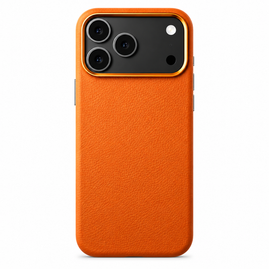 An orange leather-look phone case stands upright on white, showing a fine pebbled texture, rounded corners and matching orange trim around a broad three-lens camera panel.