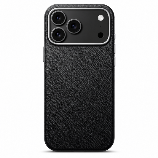 A black leather-look phone case stands upright on white, showing a fine pebbled texture, rounded corners and silver-colored trim around a broad three-lens camera panel.