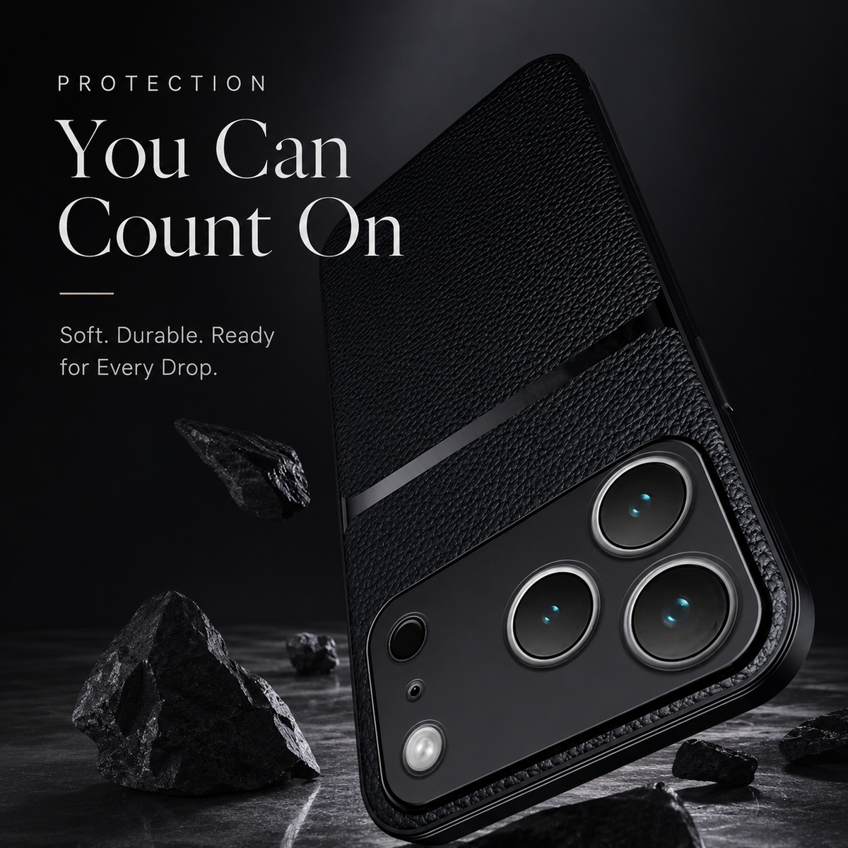A black pebbled leather-look case is illustrated landing among broken rocks. Text advertises a soft, durable protective design.