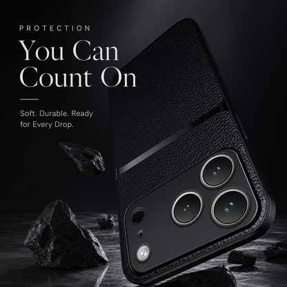 A black pebbled leather-look case is illustrated landing among broken rocks. Text advertises a soft, durable protective design.