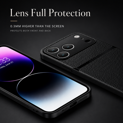 Overlapping front and rear views of a black pebbled case highlight its raised camera panel and screen border. Text advertises full lens and screen protection.