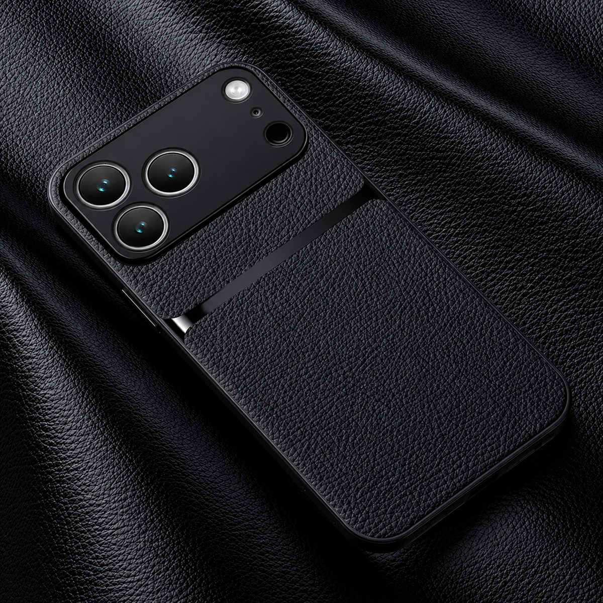 A black pebbled leather-look case rests on matching folded material, showing a narrow glossy horizontal stripe beneath the broad camera panel.