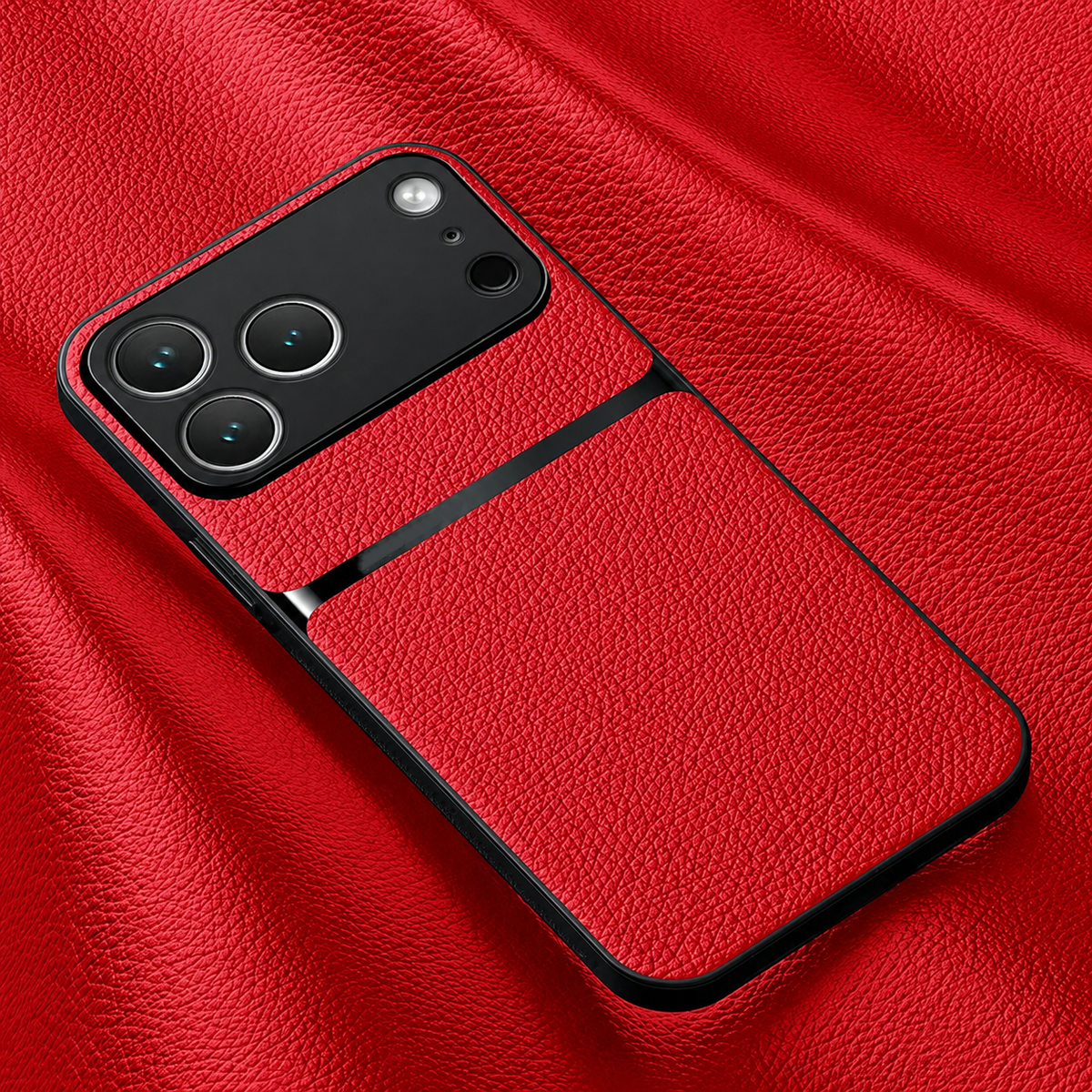 A red pebbled leather-look phone case rests on matching red material, with black borders and a narrow glossy stripe beneath the camera opening.