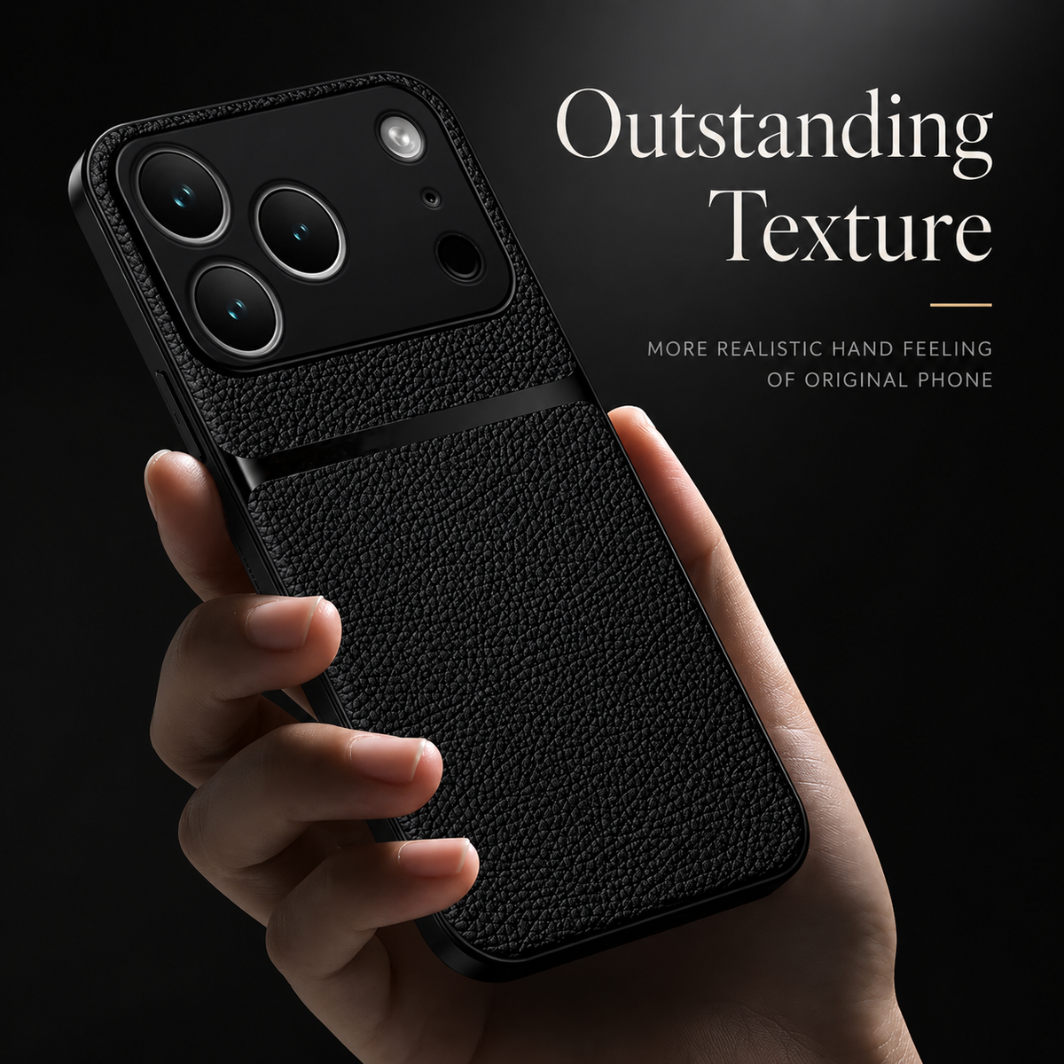 A hand holds a black pebbled leather-look case against a dark background. “Outstanding Texture” text promotes the textured finish.