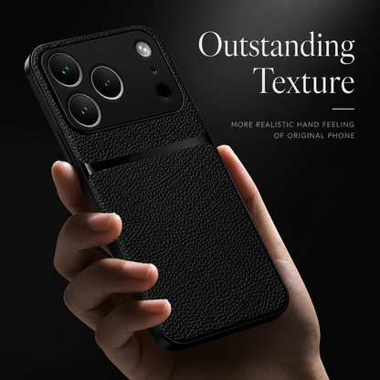 A hand holds a black pebbled leather-look case against a dark background. “Outstanding Texture” text promotes the textured finish.