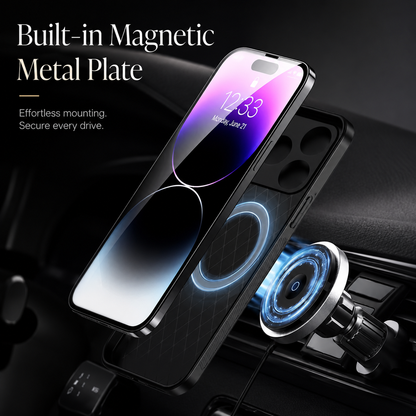 An exploded car-mount illustration shows a phone, empty case with an internal ring and circular magnetic mount. Text advertises a built-in magnetic metal plate.