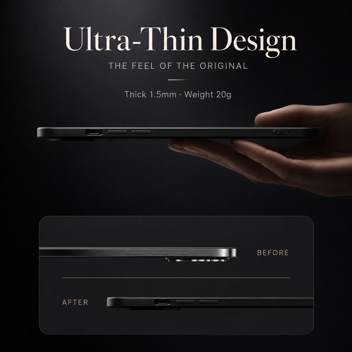 A hand balances a black case edge-on beside before-and-after side profiles. Text advertises an ultra-thin design labeled 1.5 mm thick and 20 grams.