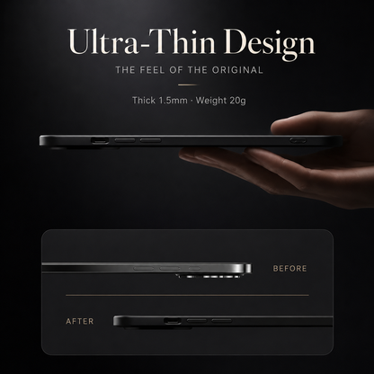 A hand balances a black case edge-on beside before-and-after side profiles. Text advertises an ultra-thin design labeled 1.5 mm thick and 20 grams.