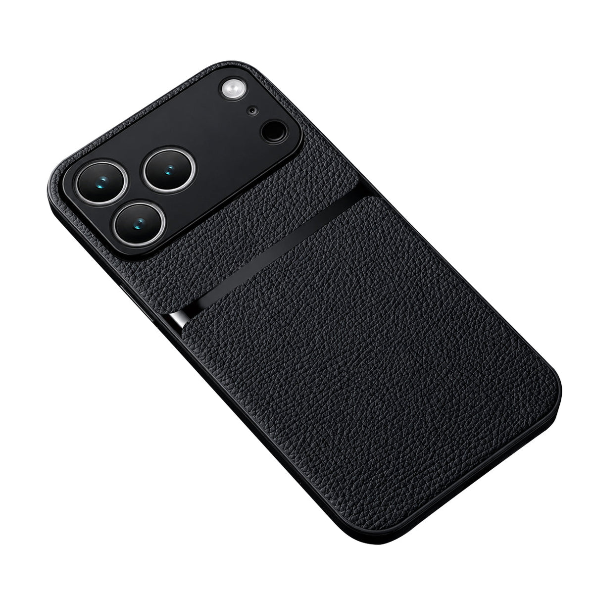 A black pebbled leather-look phone case lies diagonally against white. A narrow glossy stripe separates its upper and lower textured panels beneath a broad black camera opening.