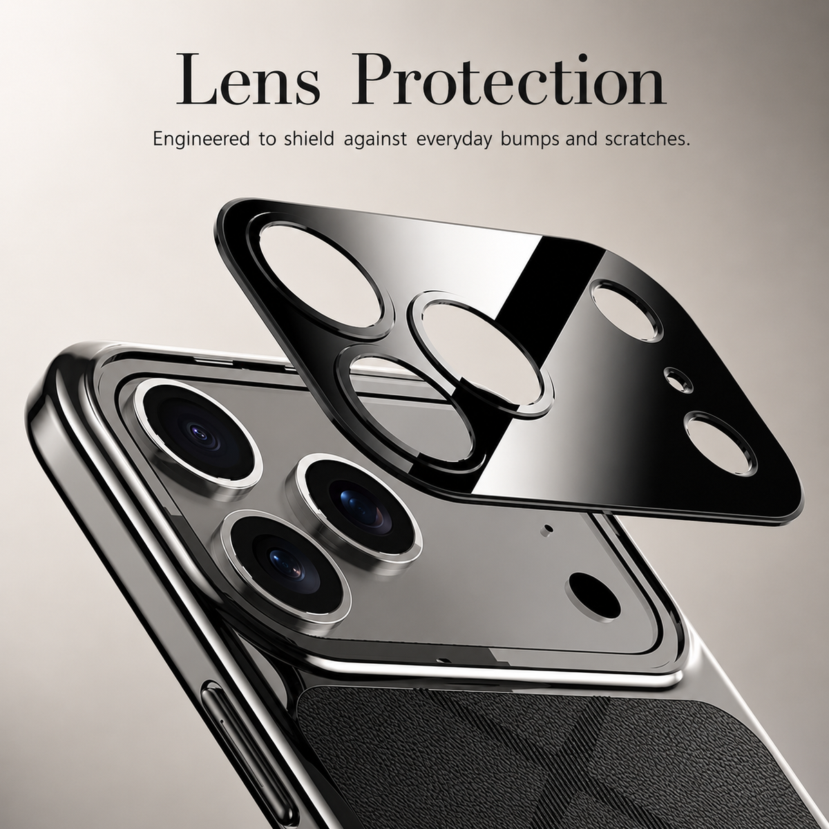 Close-up of the phone's camera area with a glossy three-lens panel lifted above it. Text advertises lens protection.