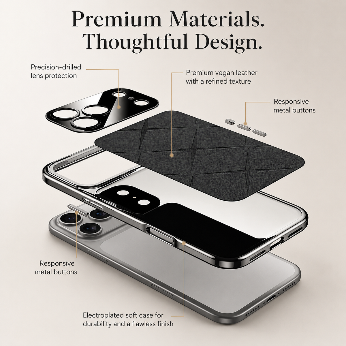Exploded view of a black case shows the diamond-pattern back insert, camera guard, separate side buttons and reflective shell above a phone.