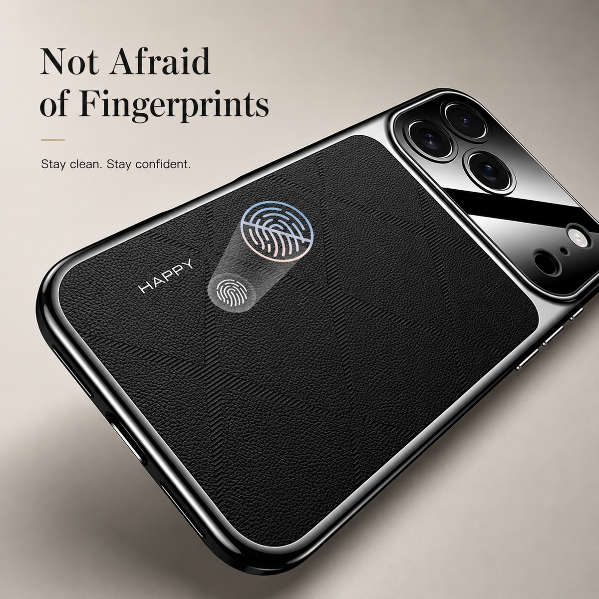 Close-up of a black diamond-pattern phone case with illustrated fingerprint symbols. Text advertises fingerprint resistance.