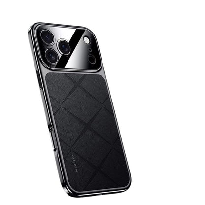 Black phone case tilted against white, with a diamond-pattern leather-look back, reflective dark edging and a broad glossy camera panel.