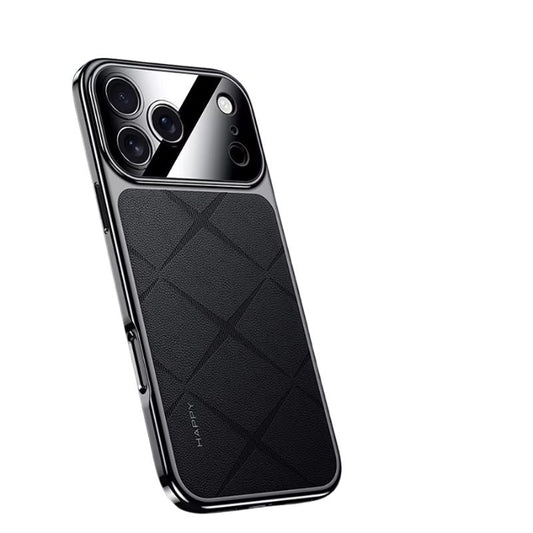 Black phone case tilted against white, with a diamond-pattern leather-look back, reflective dark edging and a broad glossy camera panel.
