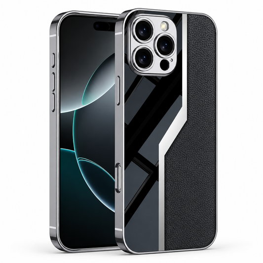 Front and rear views of a silver-edged case stand on white. Its back combines a black textured panel with glossy black diagonal shapes and a bold silver zigzag stripe.